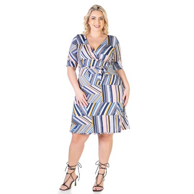24seven Comfort Apparel Geo Print Plus Size Knee Length Faux Wrap Dress :  Target